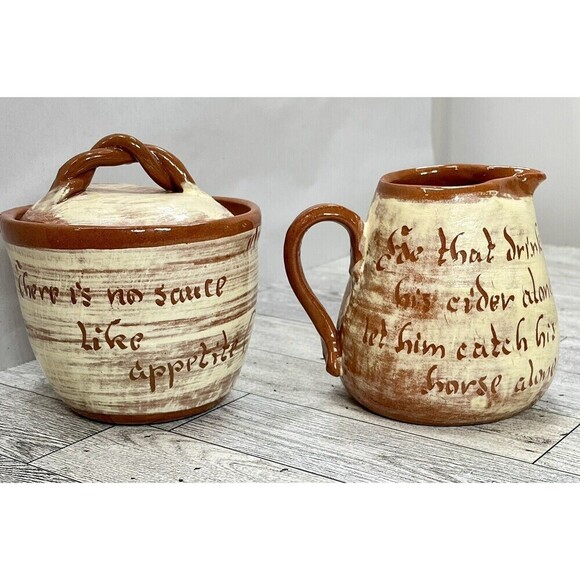 Wilder Redware CREAMER & SUGAR BOWL WITH LID Modern Farmhouse*Tiny Flaw Boho - Picture 1 of 16